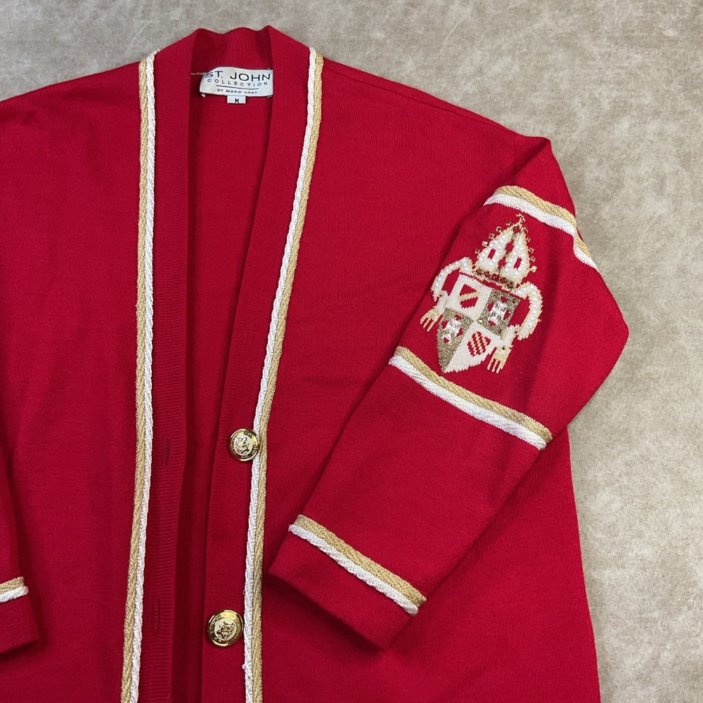 St John Marie Gray‎ Cardigan Womens M Red Santana Knit Gold Buttons Vintage - Picture 7 of 9